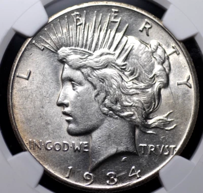 1934 S PEACE DOLLAR NGC AU 55 LUSTROUS SILVERY WHITE SURFACES AND WELL STRUCK - Image 1 of 4
