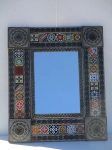 26" PUNCHED TIN MIRROR mixed talavera tile mexican ethnic handmade wall folk art - Picture 1 of 6