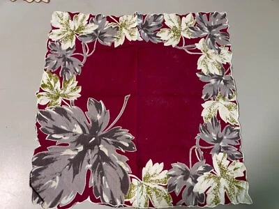 burgundy / leaves ladies handkerchief hankie cotton 13.5" scolloped edge vint - Image 1 of 2