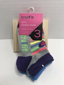 Girls Athletic Socks 3-Pair Sock Size 4-6.5 Pink Purple Blue Hearts Tru Fit - Picture 1 of 3