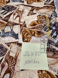 African Animals Cotton Quilting Fabric, 36 x 40 inches, Lions, Elephant, Giraffe
