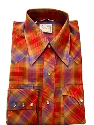 Camisa Western Karman Años 70 Naranja Púrpura A Cuadros Manga Larga Deadstock Snap Pequeña Foto 1 de 4