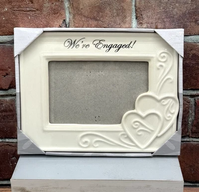 Picture Frame "We're Engaged" White Ceramic 4" x 6" Malden Photo Freestanding - Image 1 of 4