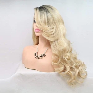 Long Ombre Blonde Lace Front Wig with Dark Roots 2 Tones Mixed Blonde Body Wa... - Picture 1 of 9