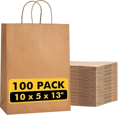 100 Piezas Bolsas de Compras de Papel Kraft 10x5x13 Marrón Asas Regalo Comestibles Fiesta Foto 1 de 4