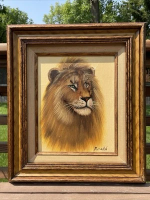 "Pintura al óleo vintage retrato de león firmado Ronald enmarcado 12X14""" Foto 1 de 4