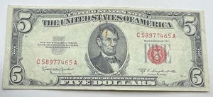 1953 C $5 Red Seal Note - Five Dollar Bill - Five - Banknote - Free Shipping - Picture 1 of 2