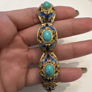 Brazalete antiguo chino de exportación plata oro lavado turquesa persa y esmalte - Imagen 1 de 10