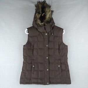 VTG Y2K Gap Jacket Womens M Brown Puffer Vest Full Zip Fur Trim Pockets Ladies
