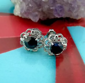 1.58 ctw Sapphire Round Cut 10k White Gold Diamonds Butterfly Back Stud Earrings - Picture 1 of 4