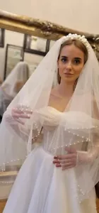 wedding veil blusher pearls beaded veil with pearls 2 layers - Picture 1 of 3