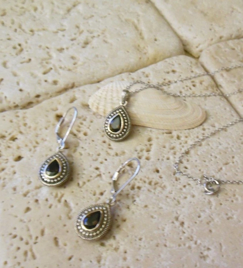 Plata de Ley 925 Oro 14k TOPACIO Bali Lágrima Gota Collar Pendientes Conjunto ¡Regalo! Foto 1 de 4