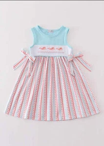 Girl's Blue Whale Embroidered Embroidery Dress Summer Vacation Sibling Matching - Picture 1 of 12
