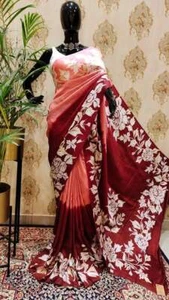 Authentic Bishnupuri Block Print Dual Tone Katan Silk Saree With Silk Mark - Picture 1 of 11