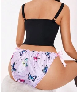 Women's butterfly print lilac soft silky feel satin knickers side ties sissy CD - Picture 1 of 10