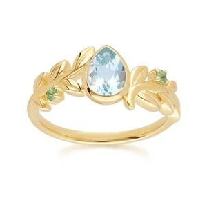 Anillo O Leaf Sky topacio azul cielo y tsavorita en oro amarillo de 9 quilates - Imagen 1 de 4