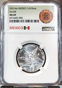 2001 MEXICO SILVER 1/4 ONZA LIBERTAD NGC MS 69 RARE STUNNING GEM COIN - Picture 1 of 3