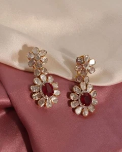 925 Sterling Silver Uncut Polki Diamond Earrings For Women Handmade Jewelry, - Picture 1 of 2