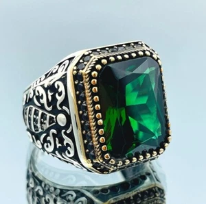 Men Simulated Emerald Green Stone 925 Sterling Silver Ring Handmade Gift For Him - Picture 1 of 10