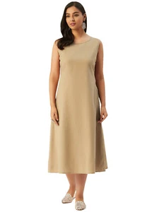 Cotton A-Line Maxi Midi Dress For Women Sleeveless Flared Hem Solid Color - Picture 1 of 47