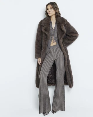 River Island Womens Trousers Khaki Flared Knit Pull On Casual Pants Bottoms