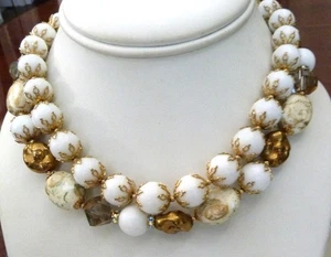 EARLY MIRIAM HASKELL GOLD WHITE ART GLASS BEAD FACETED CRYSTALS 2STRAND NECKLACE - Picture 1 of 11