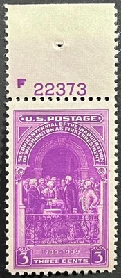 U.S. Scott #854, Upper Plate # w/Stamp, Washington Inauguration Issue, F-VF, MNH - Image 1 of 2