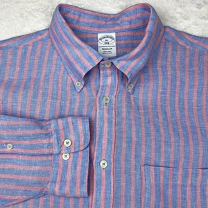 Brooks Brothers Mens Shirt XL Pink/Blue Stripes 100% Linen Regular Fit - Picture 1 of 10