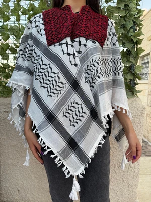 Poncho Palestino Patrón Tatreez y Bufanda - Blusa Mujer Roja Blanca y Negra Foto 1 de 4