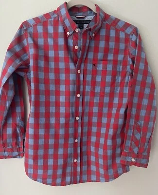 Tommy Hilfiger Camisa Niños 12 14 Rojo Azul Vestido Manga Larga a Cuadros 100% Algodón Foto 1 de 4