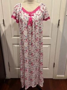 Women Short Sleeve White Nightgown Hot Pink Floral Front Lace Sz XL 47"L x 26"W - Picture 1 of 4