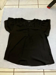 Zac & Rachel Womens Black Pom Pom Lace Detailing Short Sleeve Blouse Top Size L - Picture 1 of 7