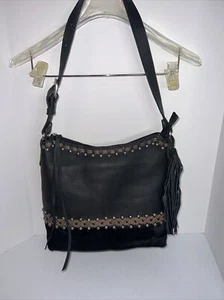 American West Black Leather And Hair-On Zip Top Shoulder Hobo Bag with Dust Bag - Picture 1 of 11