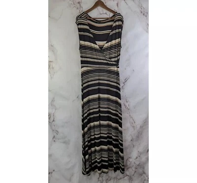 Vestido Talbots Mujer Grande Negro Beige Rayas Maxi Largo Cuello en V Elástico Tejido  Foto 1 de 4