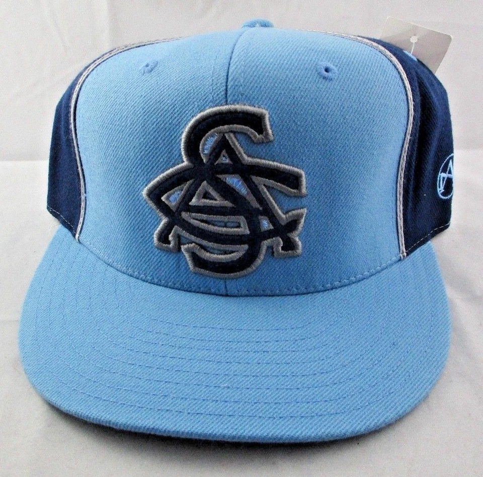 Boné/chapéu AMERICAN NEEDLE bordado PRETO CINCO ABA PLANA 7-3/8 AZUL NOVO etiqueta - Imagem 1 de 4