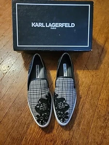 Karl Lagerfeld Paris Women’s Carly Plaid Floral Embroidered Slip-On Shoes Sz 8 - Picture 1 of 6