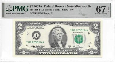 2003A Minneapolis $2 FRN (IA Block) PMG 67 EPQ Superb Gem Uncirculated - Image 1 of 2