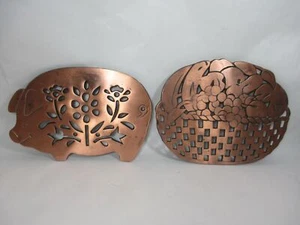 Remaches de hierro fundido enchapados en cobre vintage granja platos calientes cerdito cerdo cesta de frutas - Imagen 1 de 7