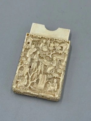 Antigua caja de bambú medallón tallado chino del siglo XIX 2 3/4" Foto 1 de 4