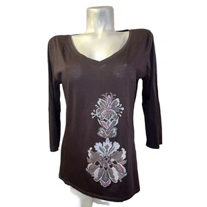 LUCY Top Women's Sz XL Brown Pima Cotton Lightweight V-Neck 3/4 Slv T-shirt Tee - Picture 1 of 5