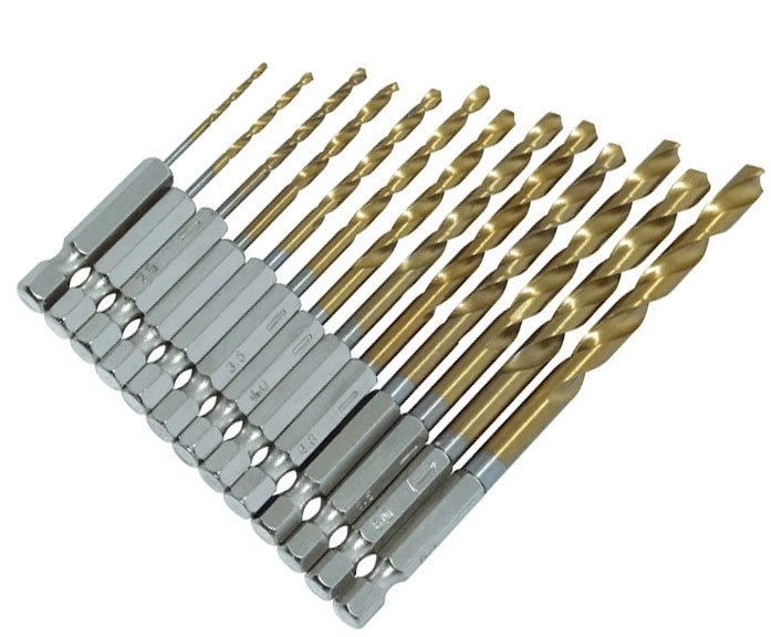 POWERTIME 13pce Hss Titanium Coated Drill Bits Set 1/4" Hex Shank 1.5mm - 6.5mm High Speed