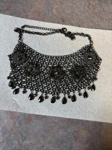 20” Black Plated Black & Gray Crystal Beaded Bib Necklace - Picture 1 of 11