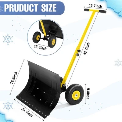 Snow Shovel Pusher w/ Adjustable Handle & Wheels for Driveway Snow Removal - Image 1 of 4