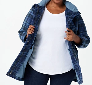 Denim & Co. Petite Fleece Bonded to Sherpa Coat w/ Detachable Hood Indigo PL Sz - Picture 1 of 2