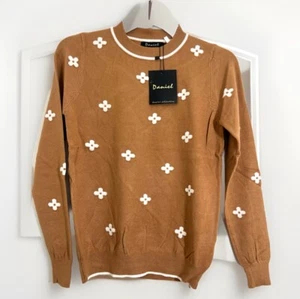 Women Sweater Caramel Beige w/ Daisy Flowers Size S/M Super Soft New 55% Cotton - Picture 1 of 20