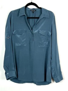 Eileen Fisher 100% Silk Blouse Small Popover Roll Tab Sleeves Blue Collared Top - Imagen 1 de 4