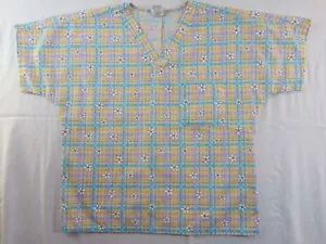Simply Basic scrub top Womens medium shirt Pastel plaid Floral short sleeve - Picture 1 of 9