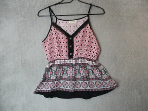  La Reyna Tank Top Womens Small Black Red VNeck Print Button Spaghetti Strap Tie - Picture 1 of 8