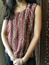 Boho Gypsy Hippy Tunic Top, Maroon Beaded Blouse Sleeveless Tops SM 