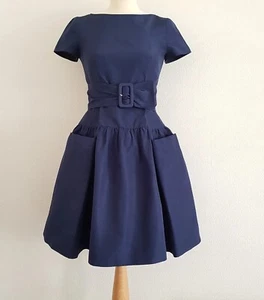 PRADA Resort Navy Silk A-Line, Short Sleeve, Pocket Dress with Waist Belt UK6 - Picture 1 of 18